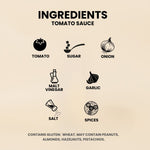 List of ingredients for tomato sauce with icons on a beige background