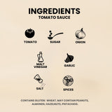 List of ingredients for tomato sauce with icons on a beige background