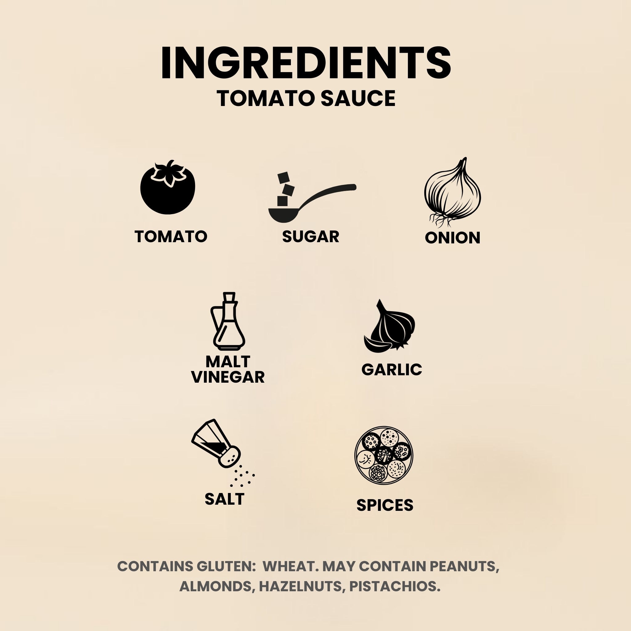 List of ingredients for tomato sauce with icons on a beige background