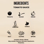 List of ingredients for tomato sauce with corresponding icons on a beige background.