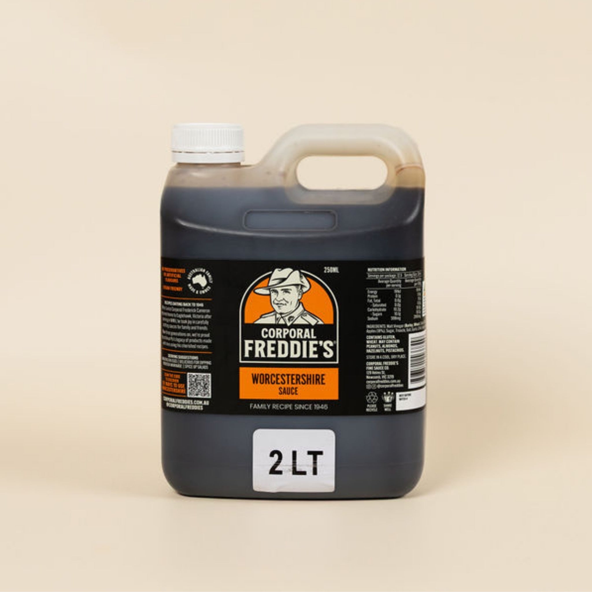 Bottle of Corporal Freddie's Worcestershire sauce on a beige background