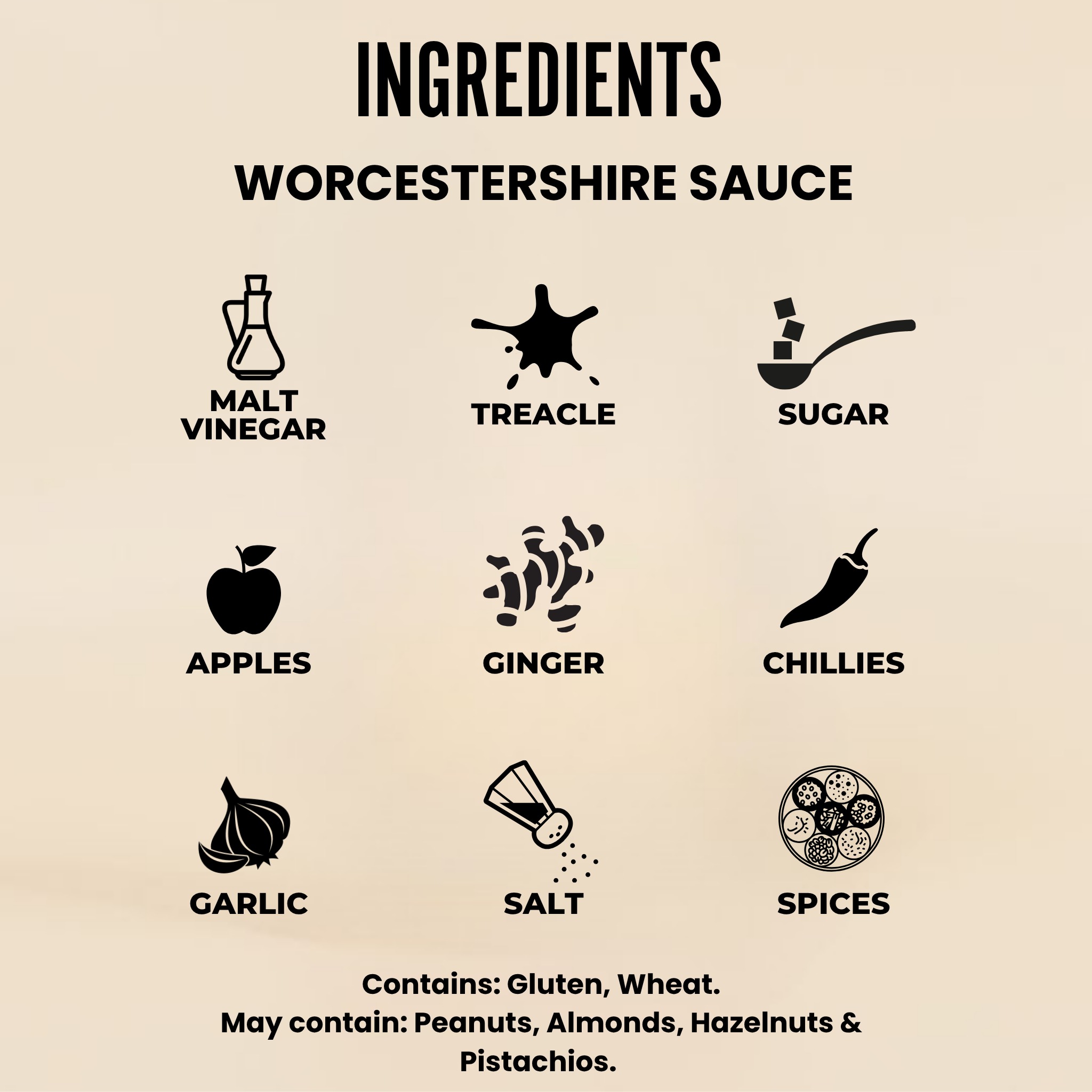 List of ingredients for Worcestershire sauce with icons and text on a beige background
